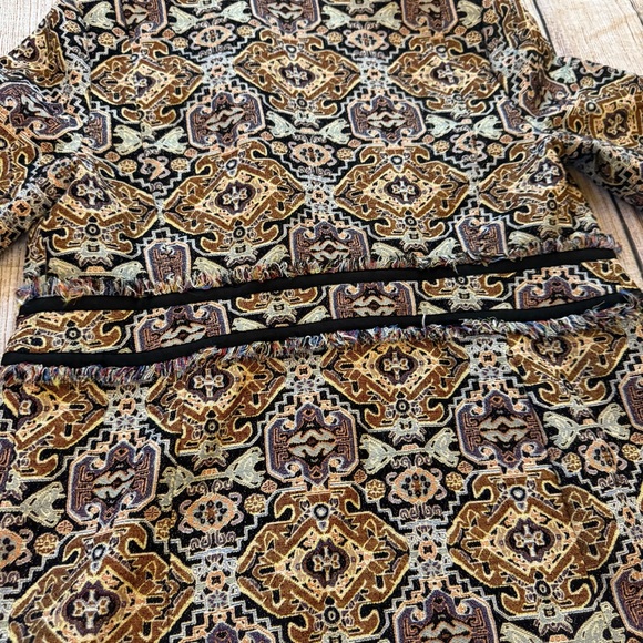 Chico’s Tapestry Jacquard Topper Coat Size 8/10 Fringe-Trim Baroque Brown Tan - Picture 14 of 15
